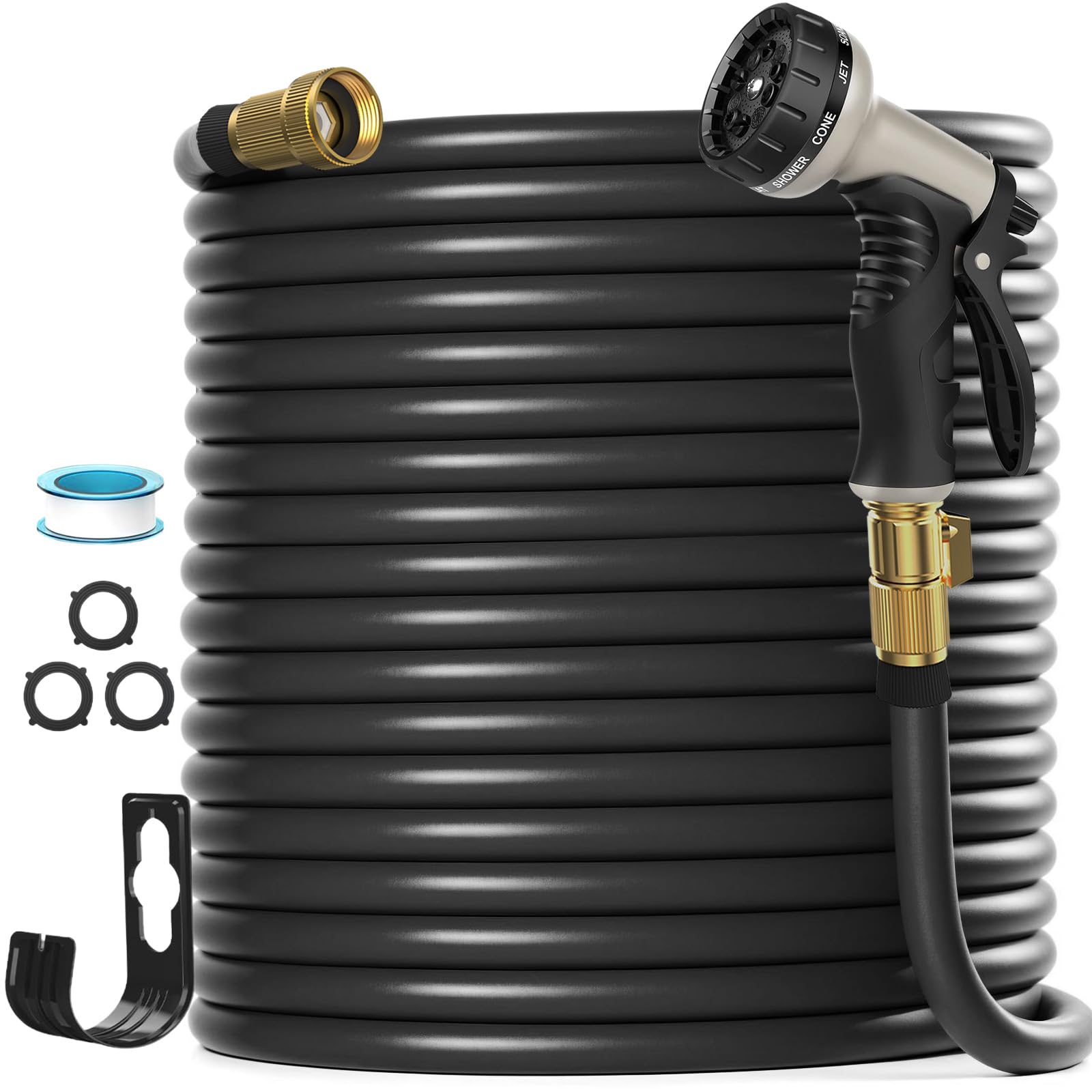 Photo 1 of Garden Hose 125FT, Lightweight & Flexible Water Hose with 10-Pattern Nozzle - Kink-Free, Leak-Proof, 3/4" Brass Fittings for Yard, Lawn, Car Washing (Black, All-Weather)
