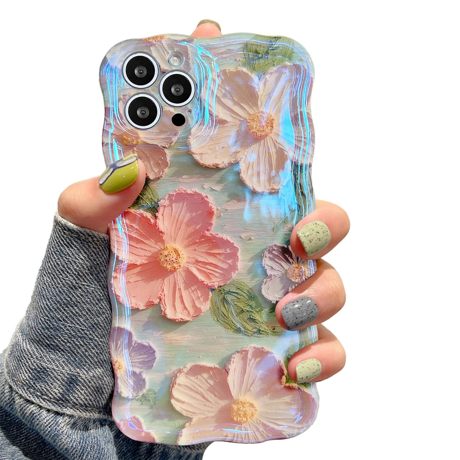 UEEBAI Flower Case for iPhone 15 Pro Max Case, Colorful Retro Oil Painting Girly Phone Cover Pretty Glossy Pattern Wave Cover Cute Sparkly Floral Curly Shell for Women and Girl, Pink Green