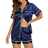 Ekouaer Silk Pajamas for Women Short Sleeve Sleepwear Soft Button Down Loungewear 2 Piece Satin Pjs Shorts Set