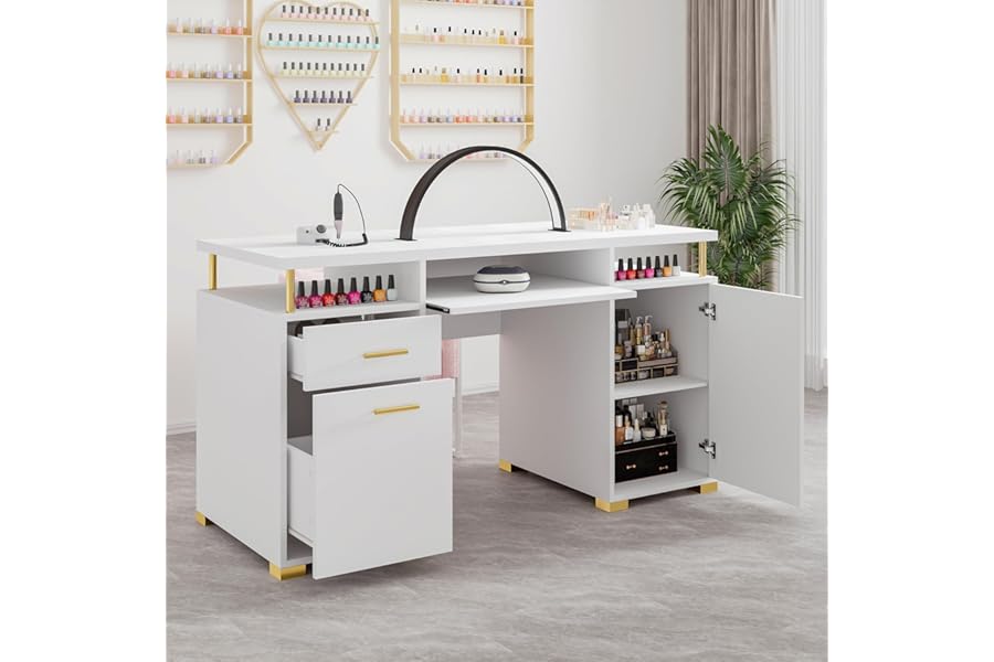 White and Gold Nail Desk for Nail Tech, Manicure Table with 2 Drawers and Cabinet, 55 Inch Nail Table with Movable Shelf, Manicure Table Nail Station
