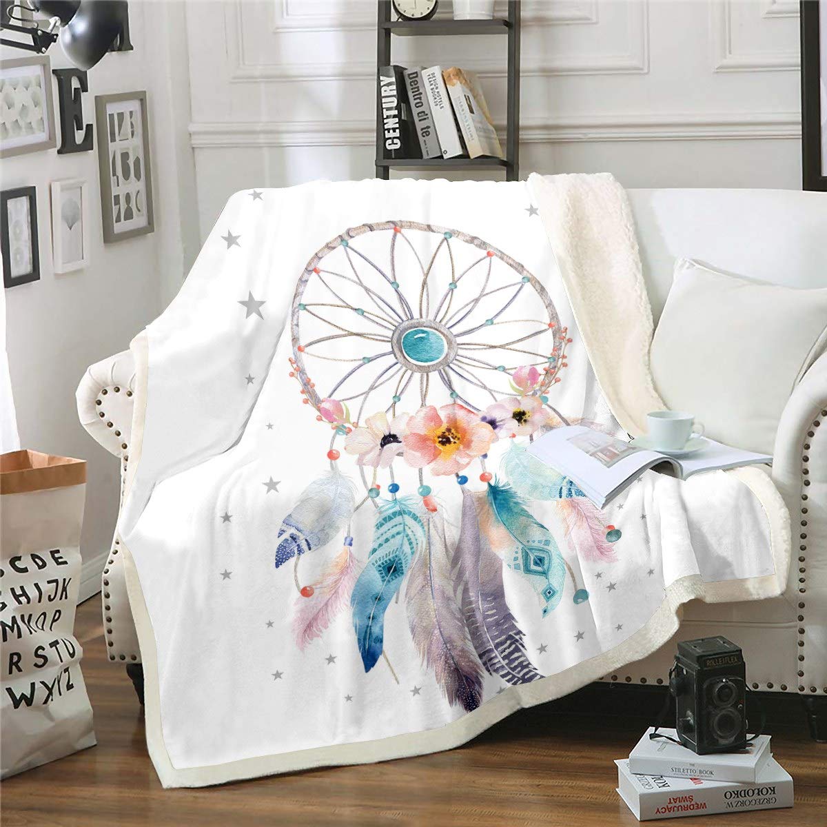 Loussiesd Dream Catcher Flannel Fleece Blanket 150 x 200 cm Boho Dream Catcher Cuddly Blanket Bohemian Blanket for Girls Children Women Flowers Hippie Feather