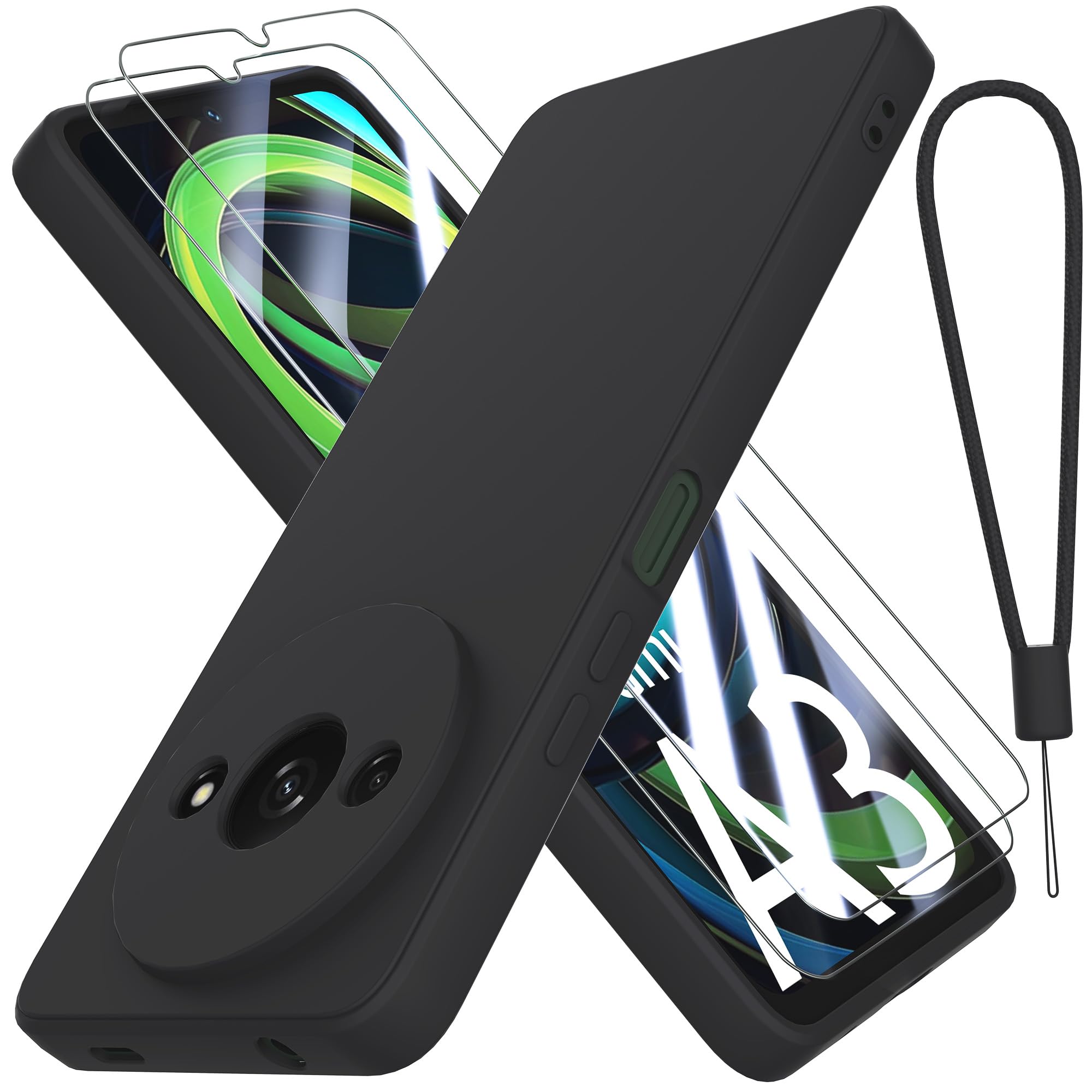 THIYUFUNS Case for Xiaomi Redmi A3 4G with 2 Tempered Glass Screen Protector, Silicone Slim Fit Shockproof Anti-Scratch Compatible with Xiaomi Redmi A3 4G - Black