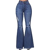 Women's Fashion Bell Bottom Pants High Waist Tassel Stretch Curvy Fit Jeans Blue