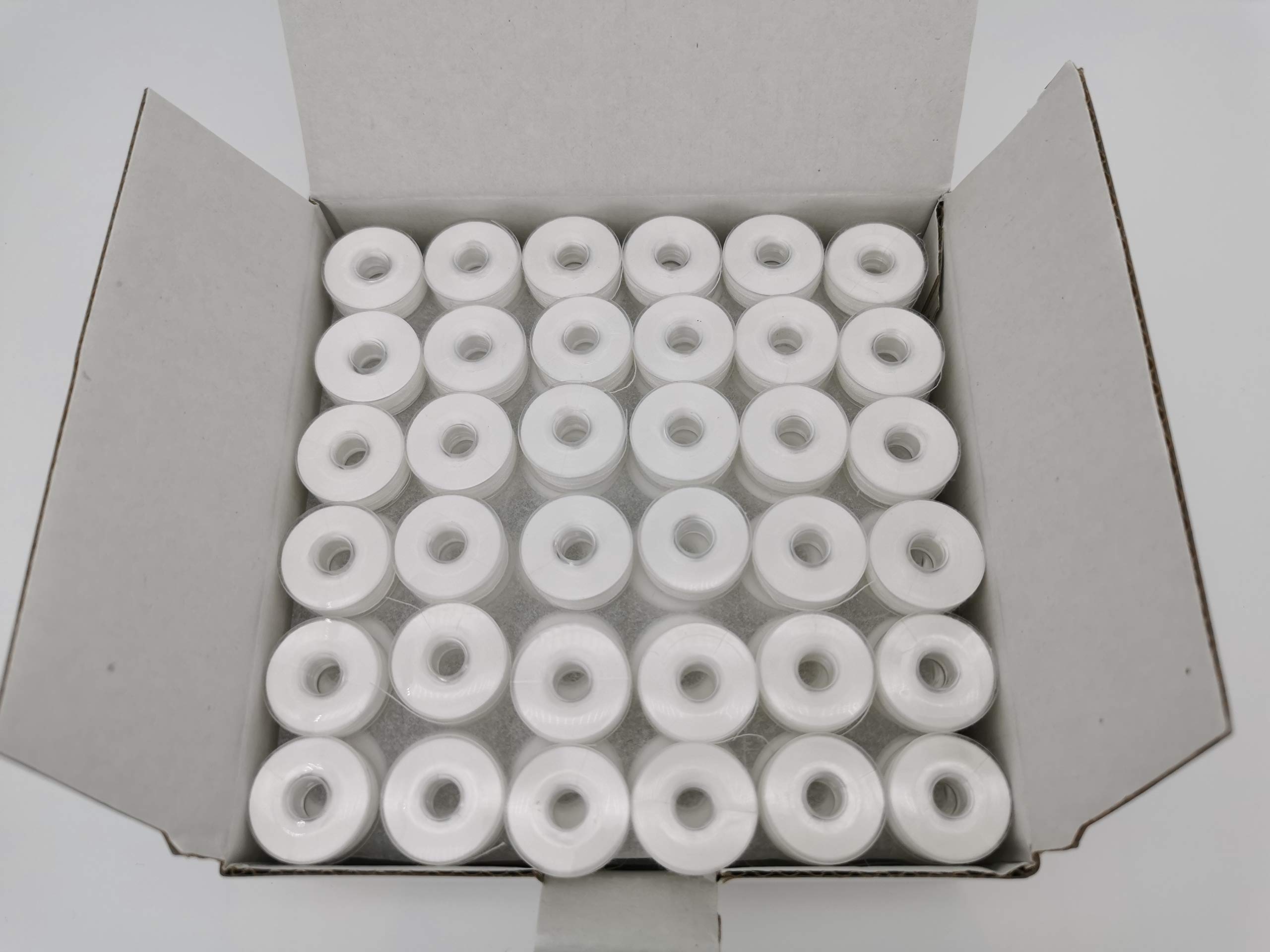 Prewound Bobbin, Plastic Sided, Size L, White Color, 144pcs per Box, 60S/2 Polyester, Doublelin,Compatible with Babylock, Barudan, Bernina, Brother, Consew, Juki, Singer, Tajima & More (White, 60S2) โ image 1