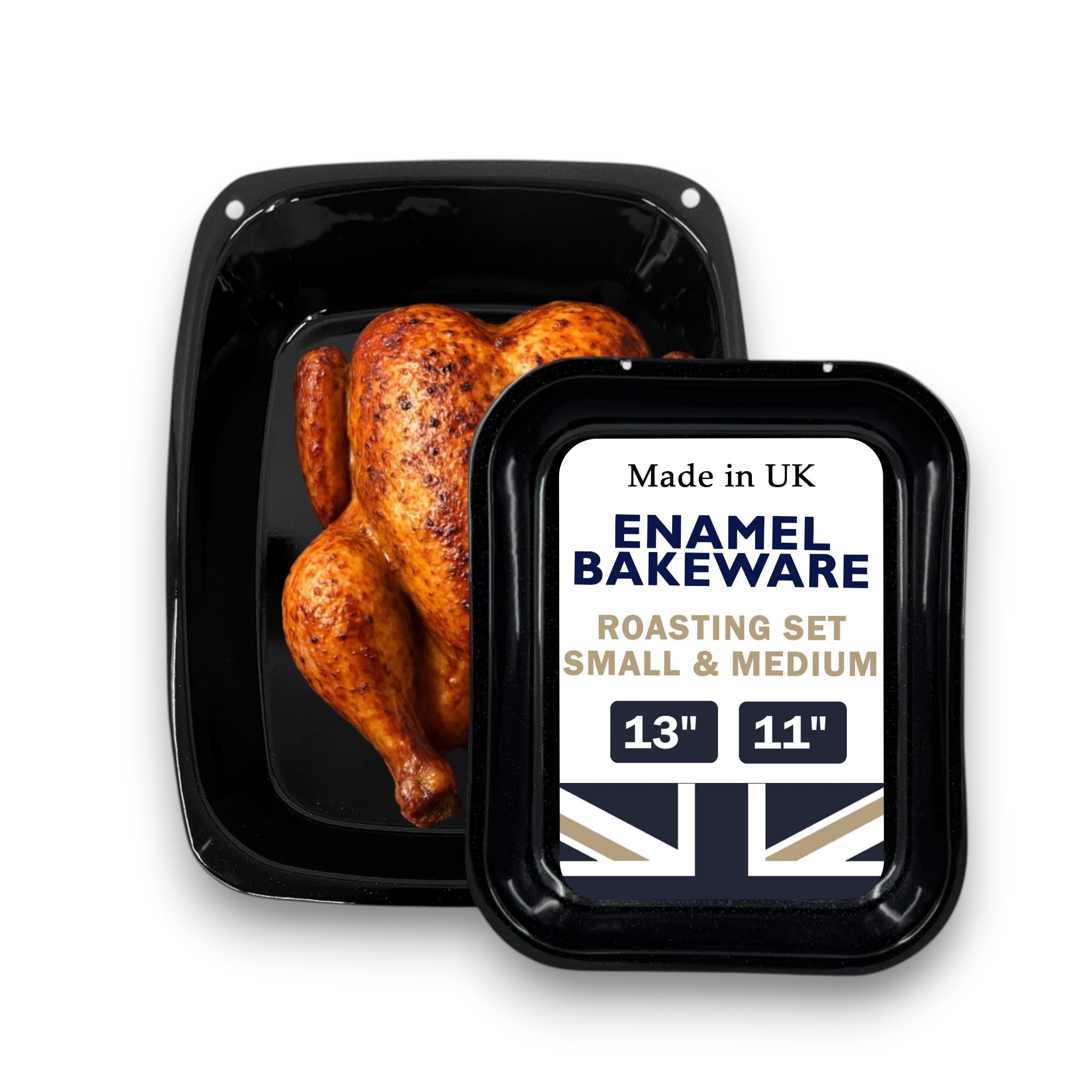 Great British Bakeware 28cm & 33cm Vitreous Enamel Roasting Tin Set, Baking Oven & Tray, Heavy Duty Vitreous Enamel Bakeware, Roasting Tray, Baking Pan, Made in England, Scratch Resistant