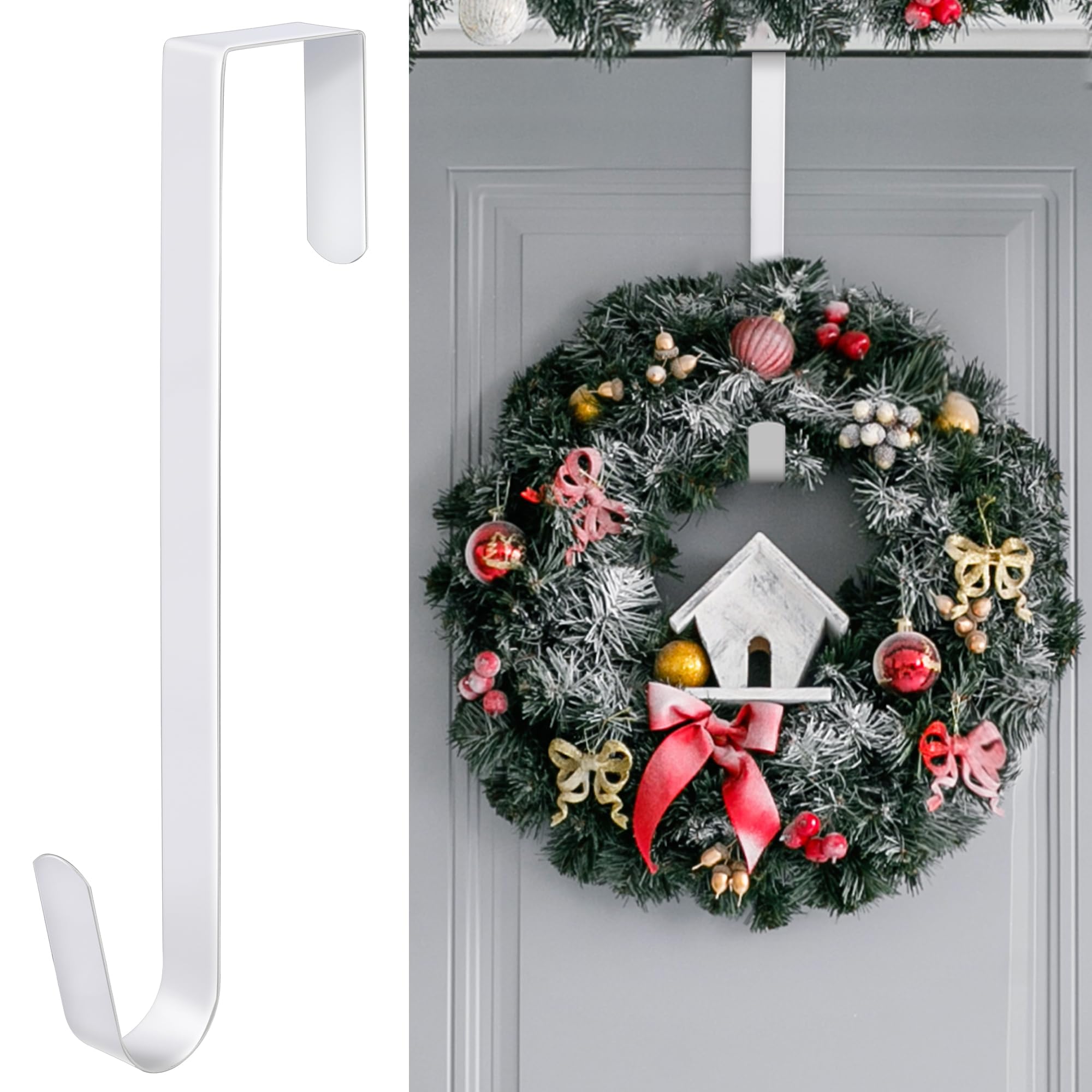 Aodaer 15 Inch White Metal Christmas Wreath Hanger Hook Non-Slip Door Hook for Party Holiday Home Decoration