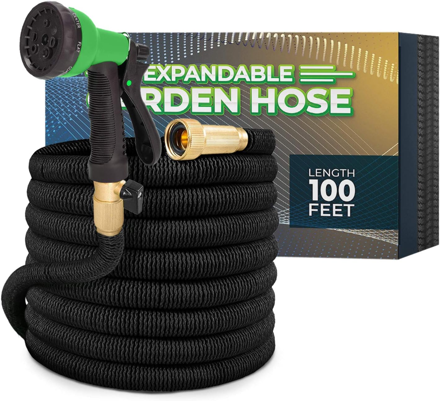 Joey's Expandable Garden Hose with 8 Function Hose Nozzle, Lightweight Anti-Kink Flexible Garden Hoses, Extra Strength Fabric with Double Latex Core (100 FT, Black)