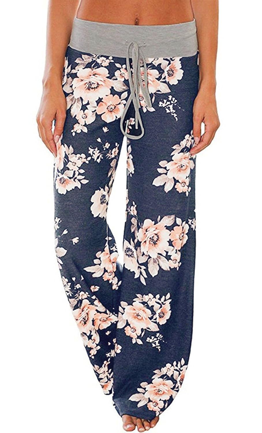 AMiERY Women's Comfy Casual Pajama Pants Floral Print Drawstring Palazzo Lounge Pants Wide Leg