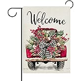 Dyrenson Welcome Christmas Truck Decorative Garden Flag, Xmas Holly Red Berries Pine Needle Plaid Bow Yard Outside Home Decoration, Winter Holiday Burlap Outdoor Small Decor Double Sided 12 x 18