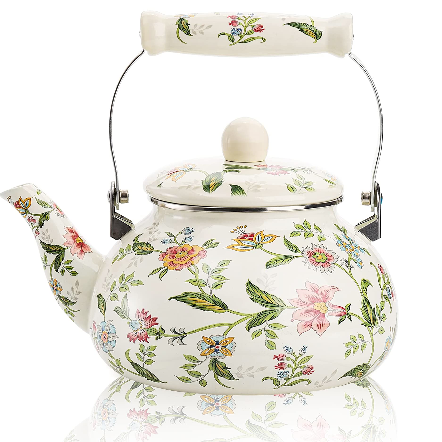 Photo 1 of (acrylic chipped, minor) OLYTARU Enamel Teapot floral,Large Porcelain Enameled Teakettle,Colorful Water Tea Kettle pot for Stovetop,Small Retro Classic Design (style01 Growing)