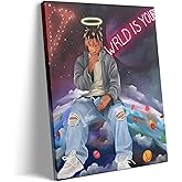 B.B.F MAKE Juice WRLD Canvas Wall Art Pop Rapper Sitting on World Poster Cosmic Picture Artwork, Music and Galaxy Aesthetic Wall Decor for Living Room Bedroom Game Room Bar Studio, Framed 8x10inch
