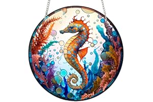 ZZHAOYI 11.8'' Sea Horse Stained Acrylic Window Hangings, Marine Organism Colorful Panel Wall Decor for Home Garden Patio Fall Decoration Gifts (Sea Horse)