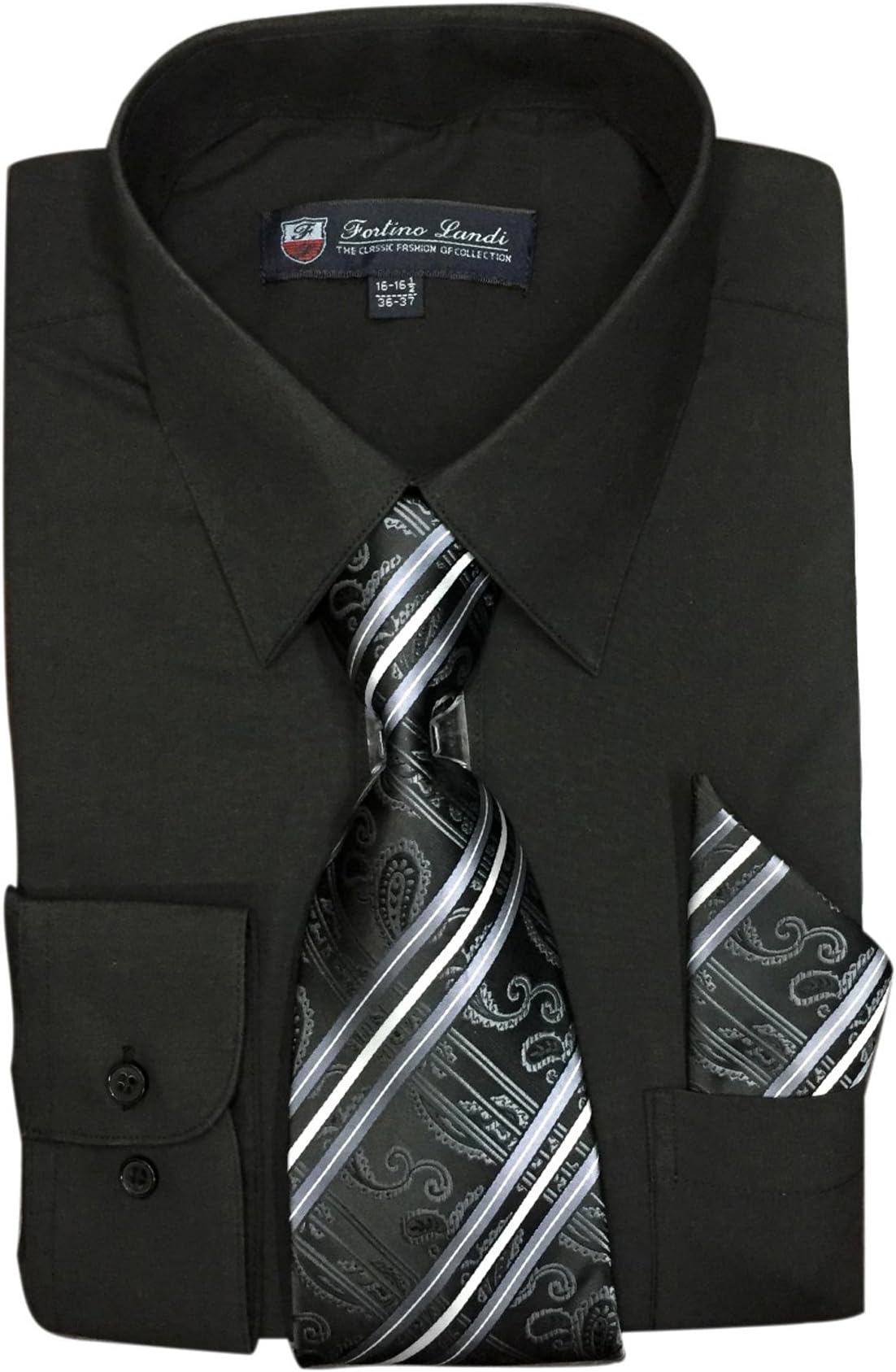 Fortino Landi Men's Long Sleeve Dress Shirt With Matching Tie And Handkerchief