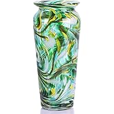 PlivBloom Green Hand Blown Glass Vase – Tall Speckled Decorative Centerpiece in Murano Style for Dining Table, Coffee Table, Mantel, Entryway, or Bookshelf in Coastal or Modern Decor (Green)