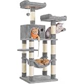 Feandrea Cat Tree, 55.8-Inch Large Cat Tower, Multi-Level Condo, Light Gray | for Adult Cats Indoor, with 11 Scratching Posts, 2 Perches, Spacious Cave, Plush Hammock, Toy Ball, Easy to Assemble
