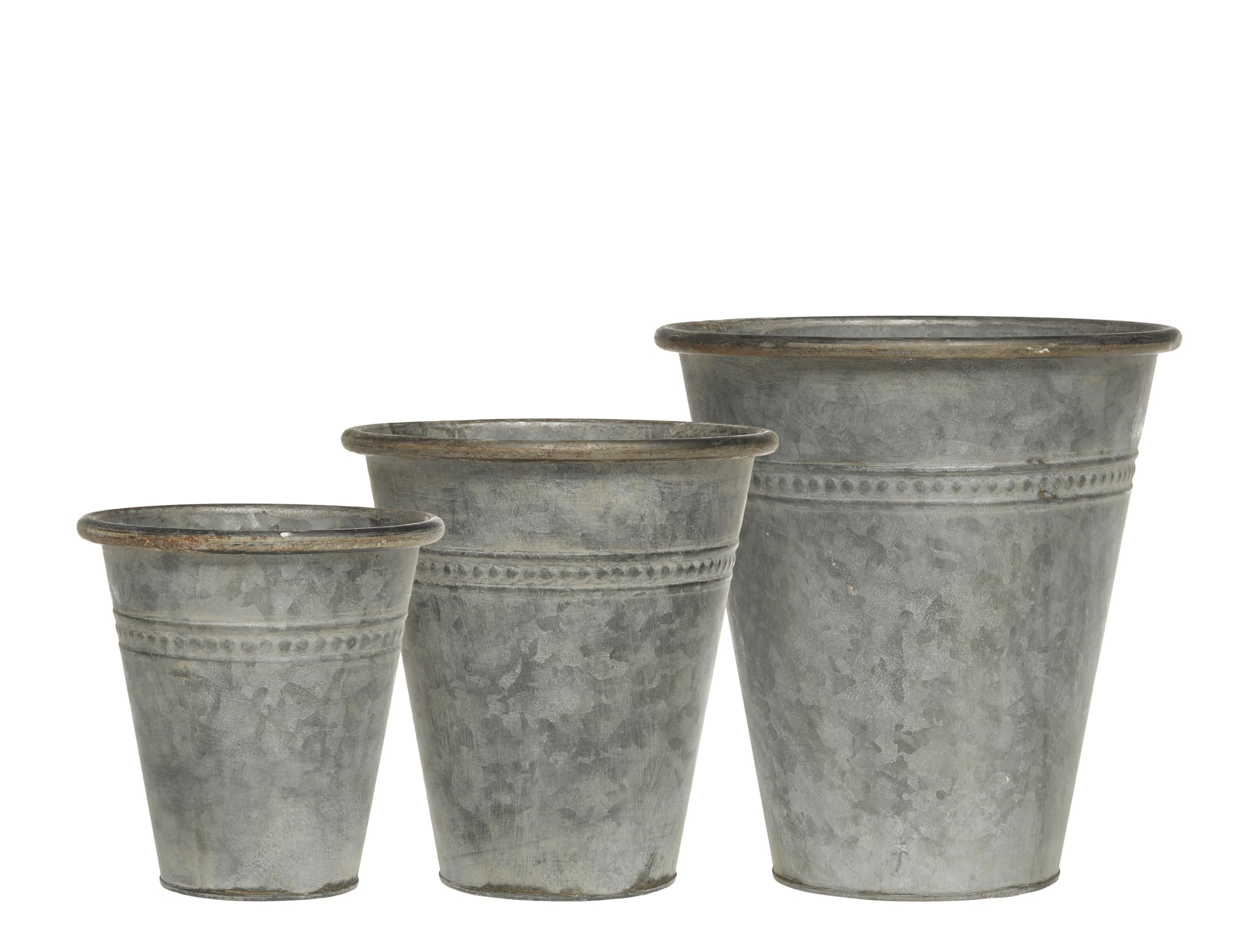 Set of 3 Flower Pot Planters French Antique Zinc in Grey Decoration, Height: 21-17-14 cm/D: 19-16-13 cm