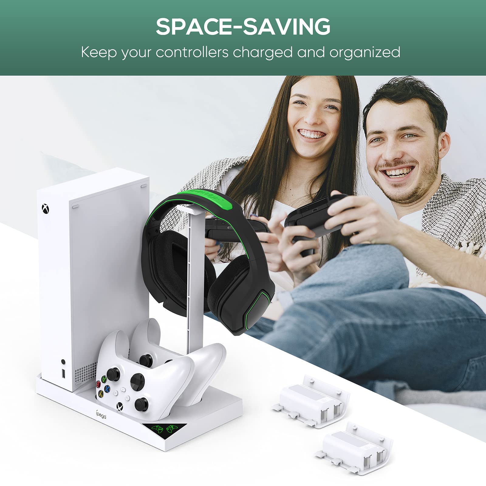 FASTSNAIL Cooling Fan Station for Xbox Series S - 1400mAh Rechargeable Battery Pack & Dual Controller Charging Dock, High Speed Cooler Stand with Headset Holder Compatible with Xbox Series S Console