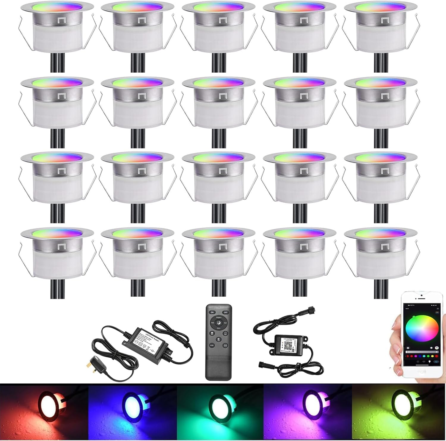 GEYUEYA Home 20 Pack Mini Recessed Decking Lights,Ø45MM RGBW Deck Light with WiFi Controller & Remote,APP/Alexa Voice Control,IP65 Waterproof for Terrace/Patio/Path/Garden/Decoration