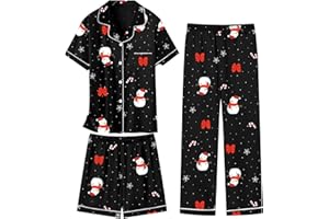 Schbbbta Girls 3 Pieces Pajamas Sets Silk Satin Sleepwear Button Down Short Sleeve Pjs Outfits