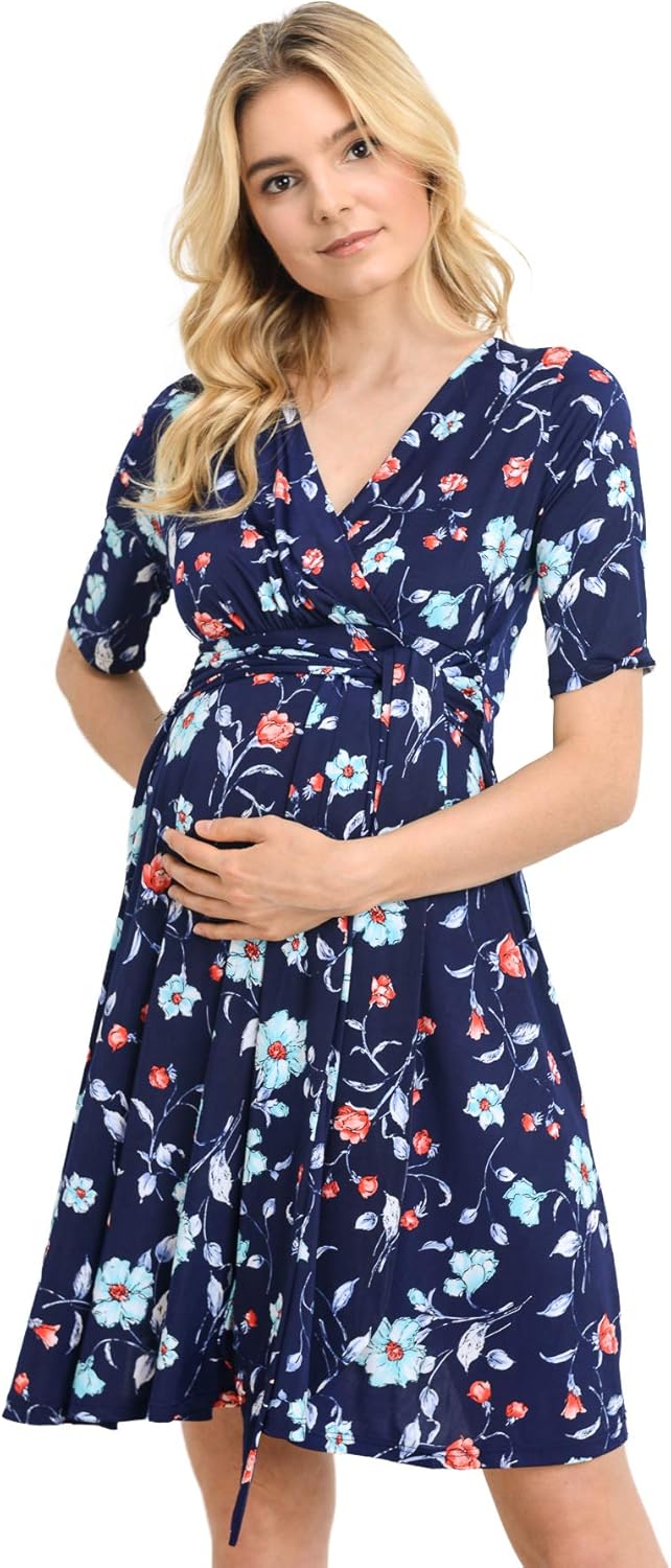 Hello MIZ Flower Print V-Neck 3/4 Sleeve Baby Shower Front Tie Wrap Maternity Dress at  Women’s Clothing store