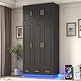 Hlivelood Large Armoire Wardrobe Closet Cabinet with Drawers and LED Lights, Multi-Tier Shelves, Hanging Rod, Large Capacity Storage 3 Door Wardrobe Armoire with Top Cabinet for Bedroom, Black