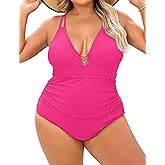 Curvagile Women's One Piece Swimsuit Plus Size Tummy Control V Neck Swim Romper Bathing Suit Double Straps Backless Swimwear