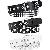 AEXHOT 3 Pcs Black White Star Belt Studded Y2K Belt Punk Rock Belts with Grommet Threads Bright Metal Pyramid Gothic Belts for Women Men