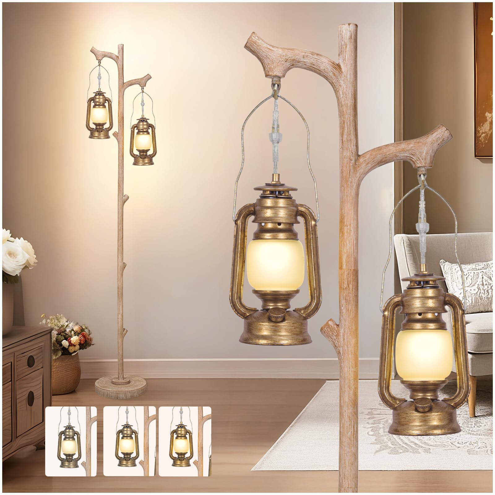 Photo 1 of Scenekoy Vintage 68” Tall Floor Lamp with Lanterns, Retro Standing Lamp Tree Trunk Finish & Resin Body, Rustic Dimmable Corner Lamp Stand Up Light with Bulb Prefer for Living Room Bedroom Home Decor