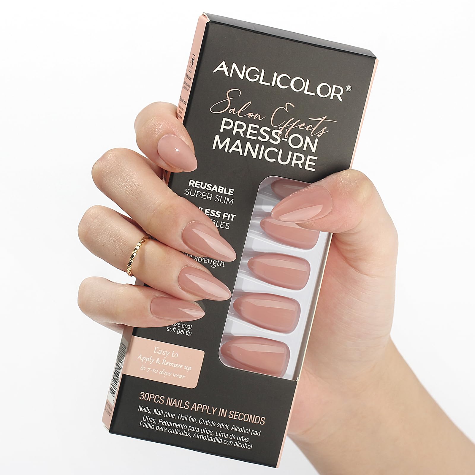 Anglicolor Nude Press On Nails,Short Almond Nails,30 Pcs Soft Gel Fake Nails in 15 Sizes, Reusable Fake Nails Kit (A111, 30 Count)