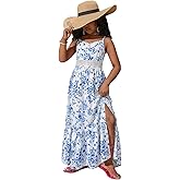 BEAUDRM Girl's Tropical Print Cami Dress Boho Tiered Spaghetti Strap Split Thigh Vacation Flowy Long Dresses