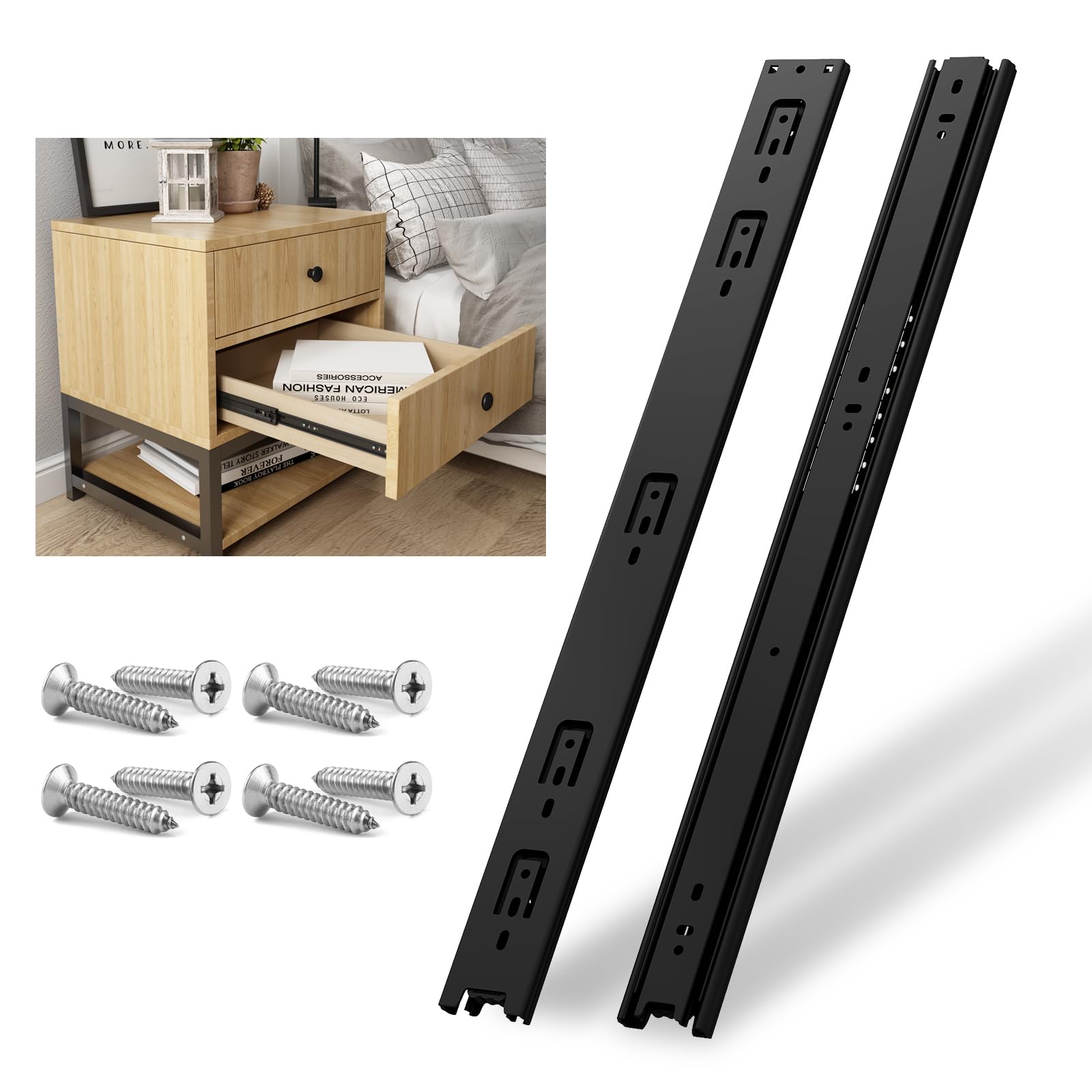 NECILO Black 400mm Residential Drawer Runner, 45kg Load Capacity Full Extension Ball Bearing, Replacement Slides for Kitchen, Home, Office Drawers, Side Mount, 1 Pair(2 Packs)