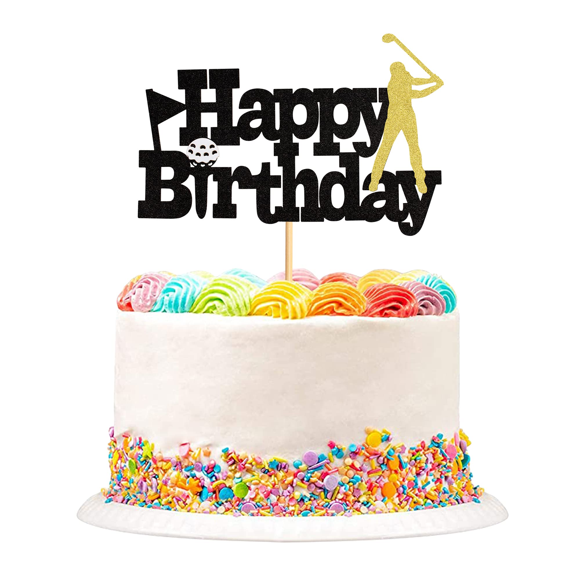 1 x Golf Cake Topper Happy Birthday Golfer Cupcake Topper Black Glitter Cupcake Decoration for Golf Sports Theme Boy Girl Birthday Party Decoration Accessories