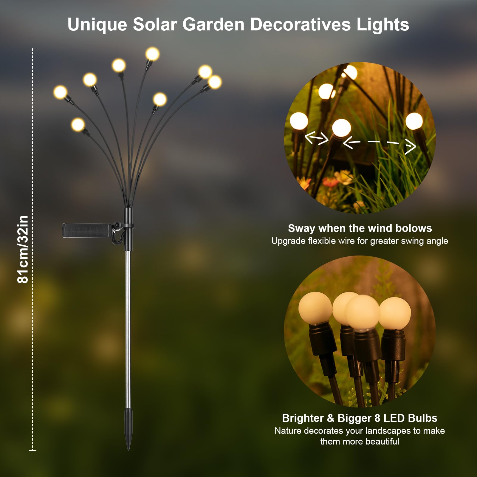 ASMAD Solar Garden Lights, Outdoor Decorations, Firefly Light for Patio Decor, Big Bulb, Unique Gifts for Women, Gifts for Grandma (4-Pack, 32 LEDs)