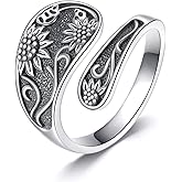 HKPATOP Sunflower Spoon Ring 925 Sterling Silver Vintage Adjustable Sunflower Spoon Ring Victorian Boho Antique Flower Thumb Statement Rings Jewelry Gifts for Women