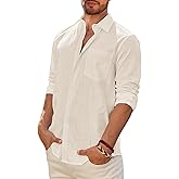 DEMEANOR Mens Linen Shirt Long Sleeve Casual Cotton Solid Regular Fit Wedding Summer Beach Button Down Shirt