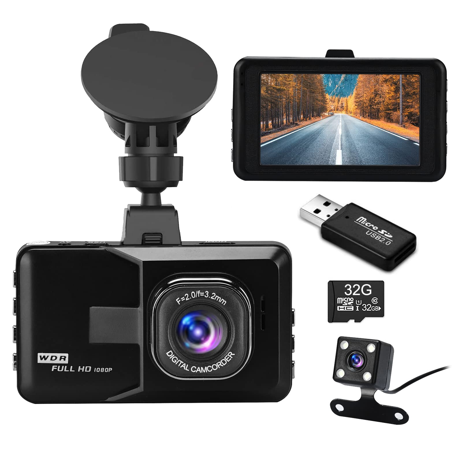Dash Cam, Podazz Front and Rear 1080P FHD Dash Camera for Car 32GB SD Card Included, 3''IPS Screen,170° Wide Angle,24H Parking Monitor,Super Night Vision,G-sensor, Loop Recording, Motion Detection