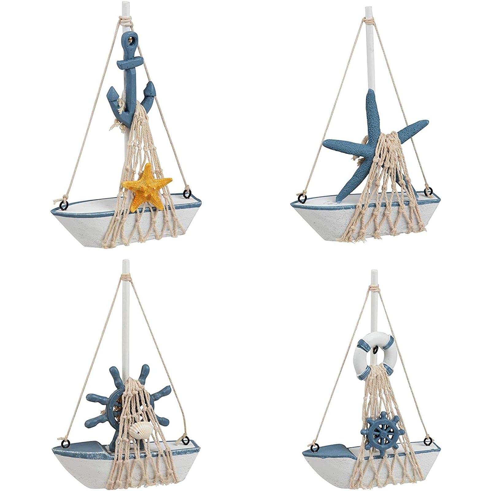 Set of 4 Mini Wooden Sailboat Models for Beach Nautical Home Decor, Miniature Boat Decorations