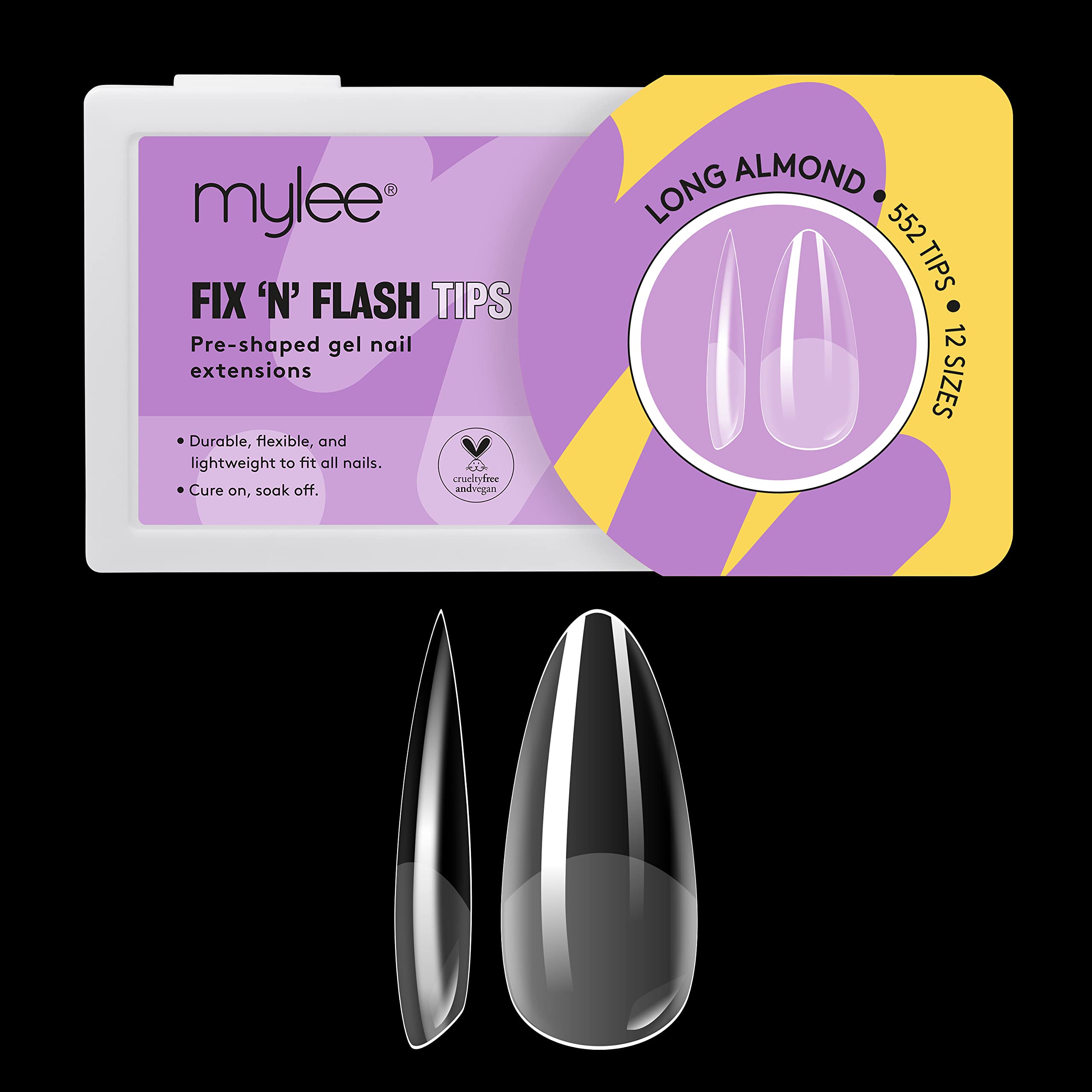 Mylee Fix N Flash Soft Gel Tips - Long Almond - 552 PCS, Full Cover Soft Gel Nail Tips, Nail Art Extensions, Flexible & Resistant, 12 Different Sizes, Fit All Nails — image 1