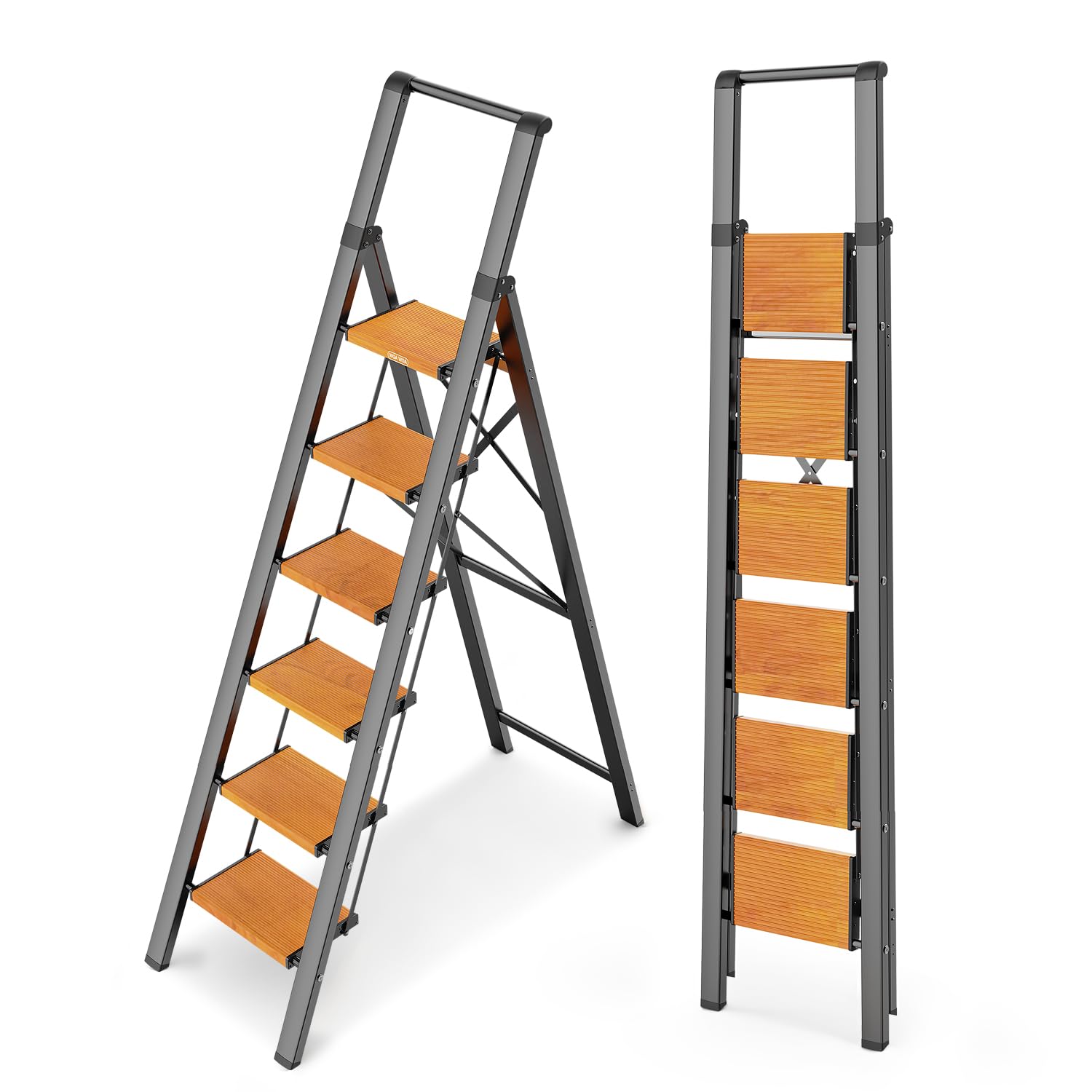 Photo 1 of ***MINOR DAMAGE***WOA WOA Step Ladder 6 Step Folding, Foldable Tall Ladder with Handrail, Aluminum Stepladder for High Ceilings, Lightweight, Deep Pedals, Anti-Slip Feet, Capacity 300 lbs - Black & Wood Grain