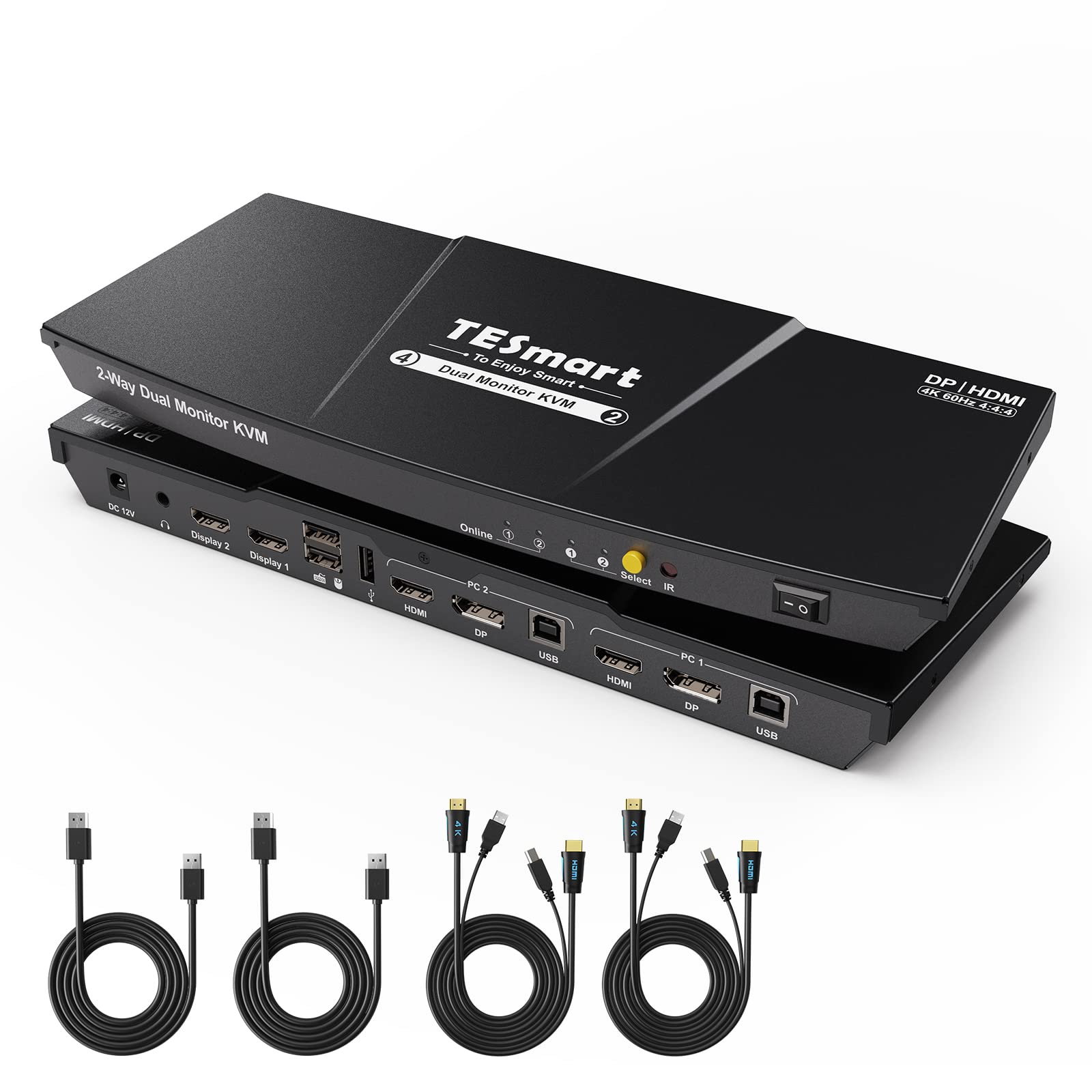 TESmart HDMI+DP 4K@60Hz KVM Switch, for 2 Computers 2 Monitor | HDMI & DisplayPort Inputs w/EDID Emulator | USB Hub, L/R Audio | Hotkey/IR/Button Switching | 2 Display Modes | Zero Delay K&M