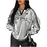 GORGLITTER Women's Metallic Shirt Letter Graphic Tees Y2k Striped Long Sleeve Jersey T Shirt Collared Streetwear Tops
