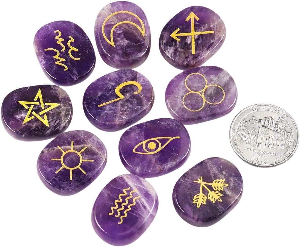 mookaitedecor Amethyst Witches Runes Set,Healing Crystal Palm Stone Engraved Gypsy Symbol for Meditation Divination - Image 3