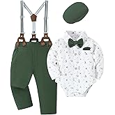 YALLET Baby Boy Outfits Suits Infant Formal Dress Clothes Gentleman Wedding Print Shirt+Beret Hat+Suspender Pants+Bowtie