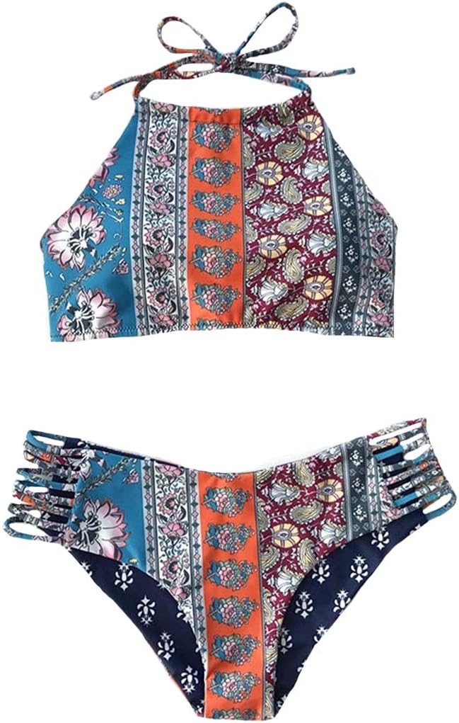 Rubylong Women's Printed High Neck Bikini Sets Cut out Two Piece Swimsuit
