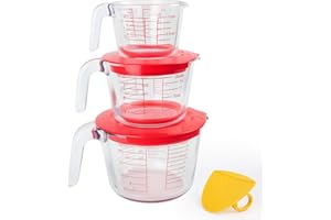 CUTEPLAN 6 Pcs Glass Measuring Cups Set with Lids (Strainer Included) - 1-Cup/2-Cup/4-Cup Nesting Jugs with Easy-Grip Handles