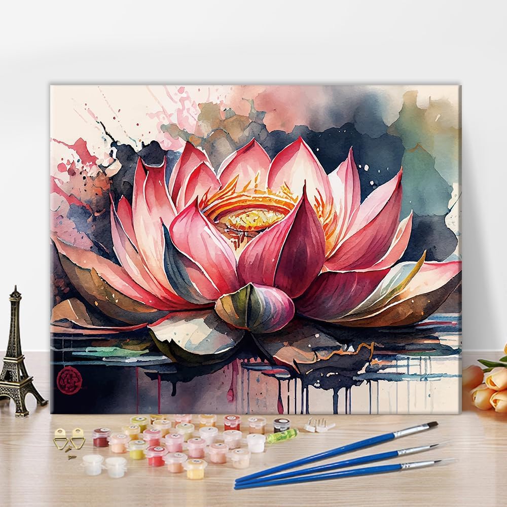 Paintings - TUMOVO Pink Lotus Paint by Numbers, Retro Flower Paint by Numbers, Colorful Abstract Lotus Oil Painting Kit, DIY Acrylic Painting for Adults with Brushes and Pigment, Frameless, 16x20 Inch