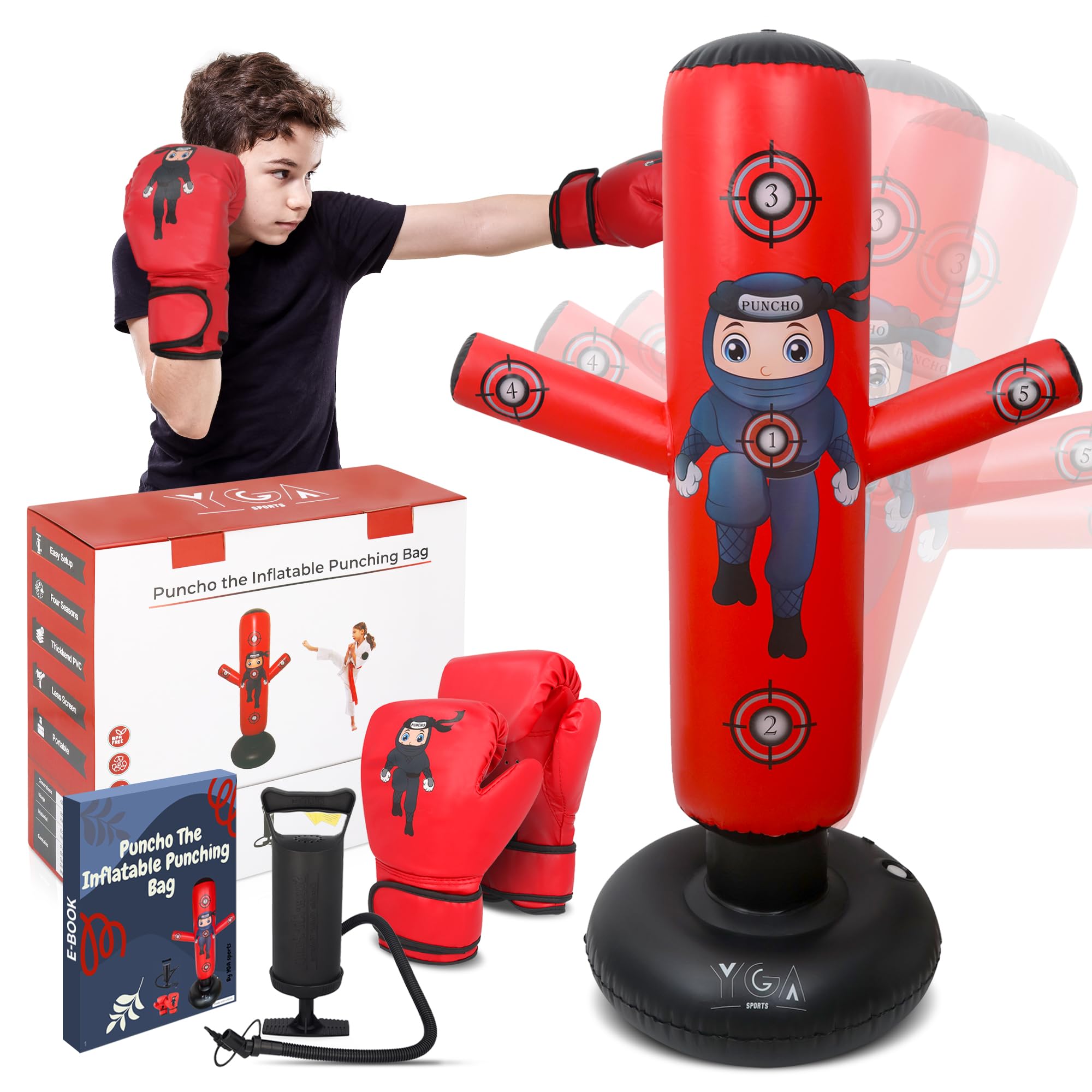 Photo 1 of PUNCHO Punching Bag for Kids - 63" Kid Boxing Bag Set & Birthday Gift: Kids Punching Bags 3-8 with Gloves, Pump, PUNCHO eBook - Inflatable Punching Bag for Kid 8-12 with 5 Targets - Boxeo para Ninos