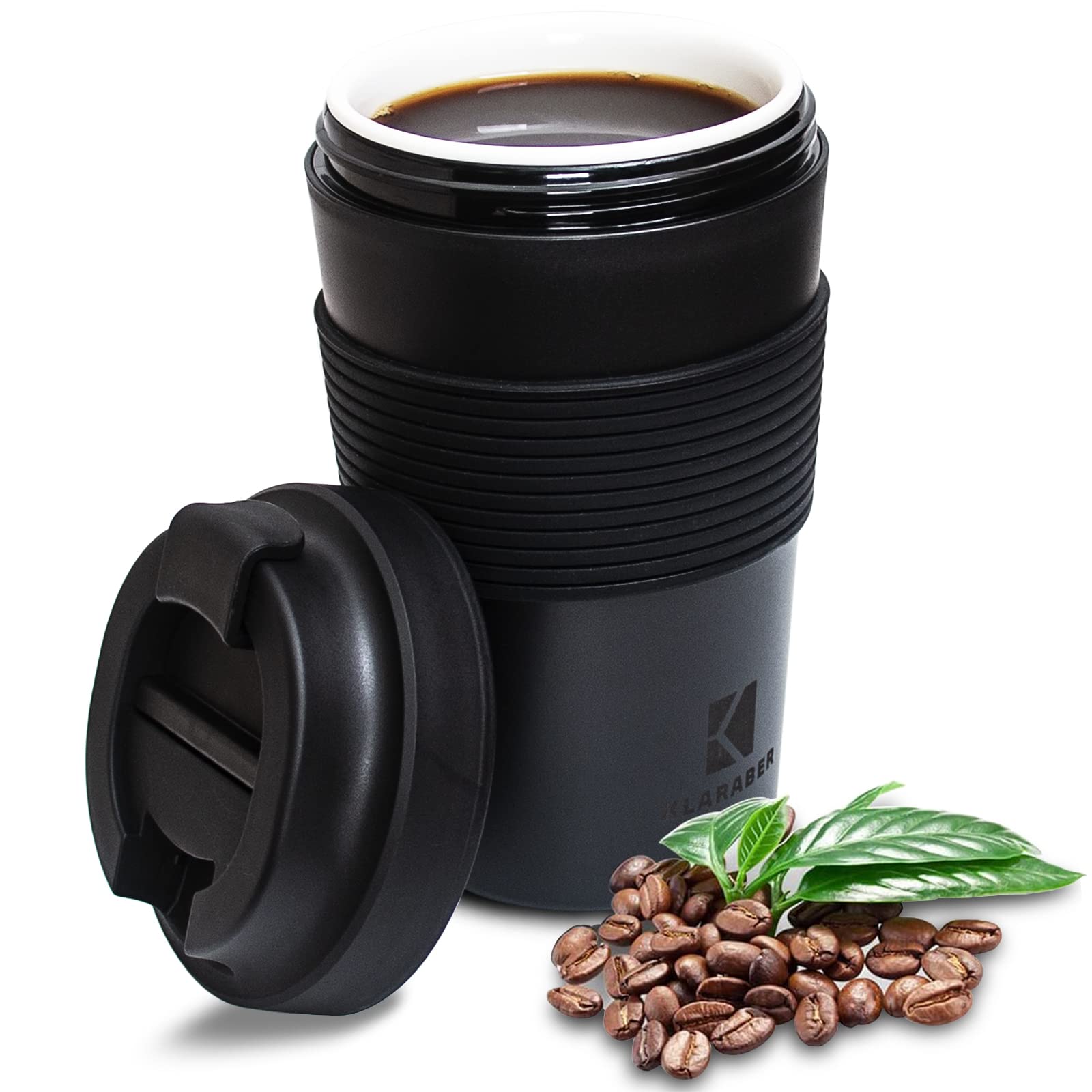 Klaraber Ceramic Travel Mug with Lid, Portable Porcelain Cup with Sleeve, Leakproof Ceramic Lined Coffee Cup Travel Mug, Reusable Coffee Cup, 350ml / 12oz (Black)