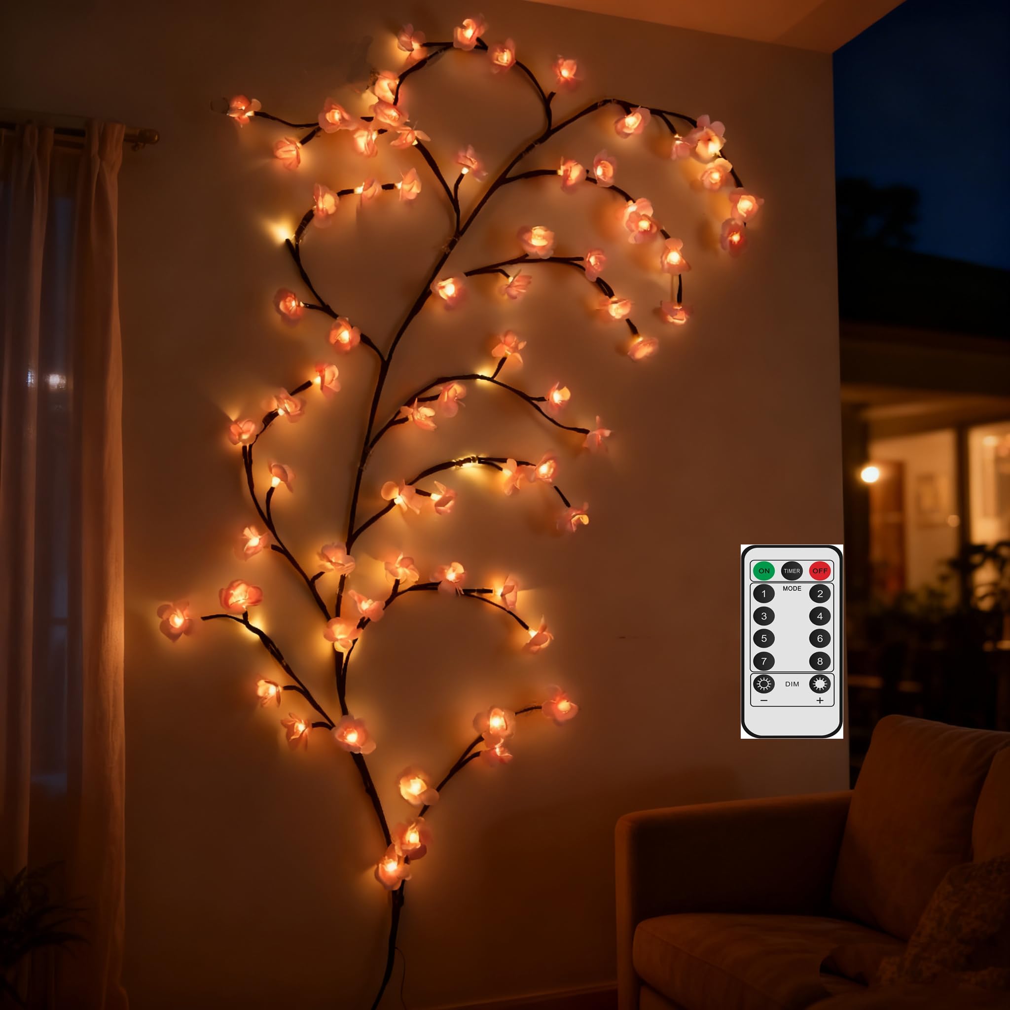 Photo 1 of 75 Inch Cherry Blossom Tree Light with Remote, 96 LED Cherry Blossom Branch Lights for Wall, 8 Lighting Modes&Timer, Flexible DIY Indoor Decoration for Home, Christmas, Wedding, Party (96LED-75inch)