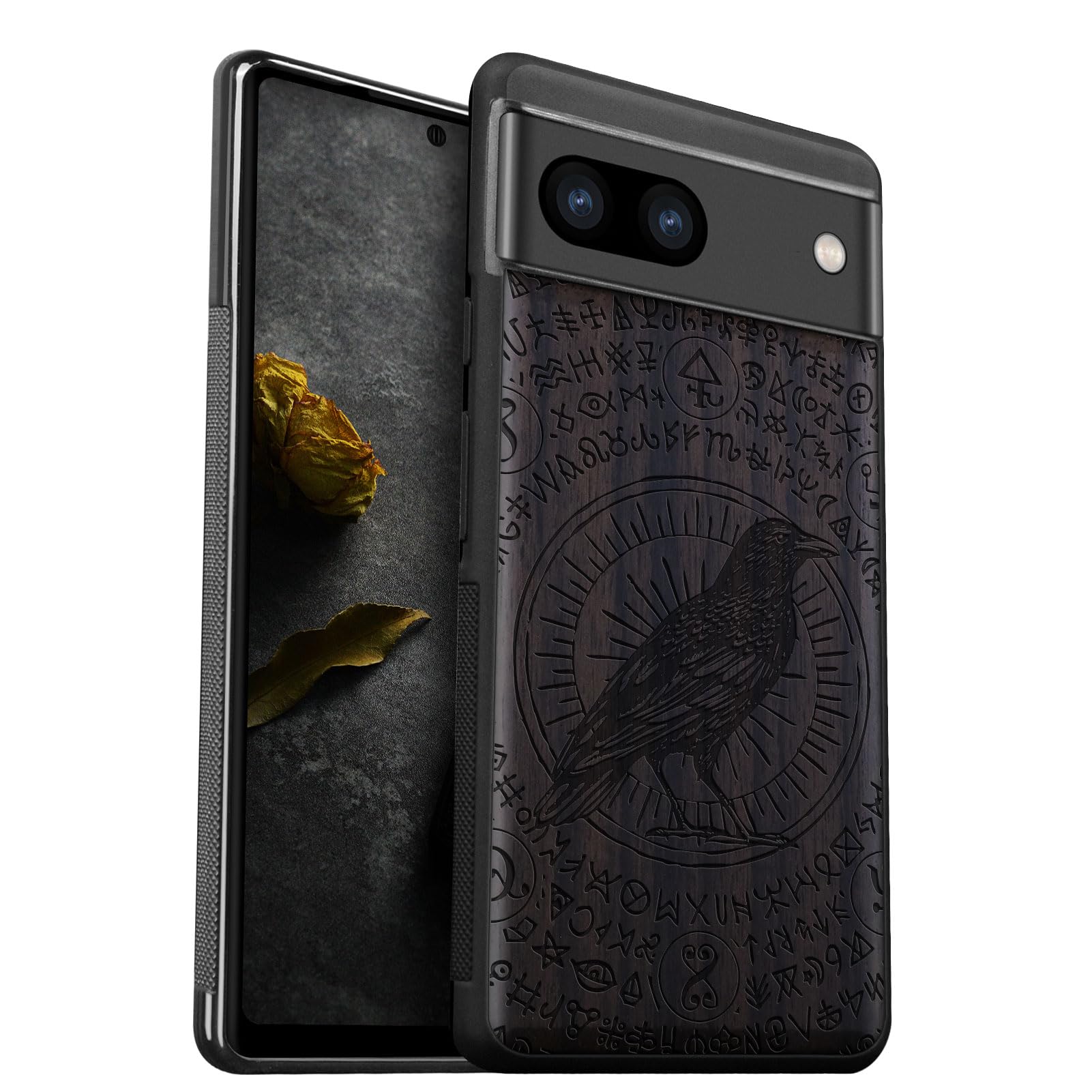 Carveit Wood Case for Pixel 8a [Natural Wood & Black Soft TPU] Shockproof Protective Cover Unique Wooden Compatible with Google Pixel 8a (The Haloed Crow-Blackwood)